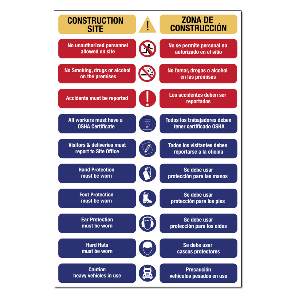 Construction Site Safety Sign | English and Spanish Multi-Order | No Authorized Personnel | Acctidents Must Be Reported